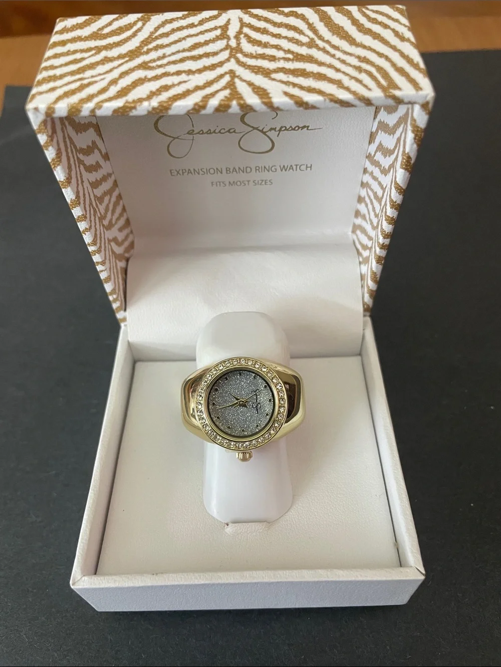 Jessica Simpson Gold-tone Ring Watch with Silver Glitter Dial